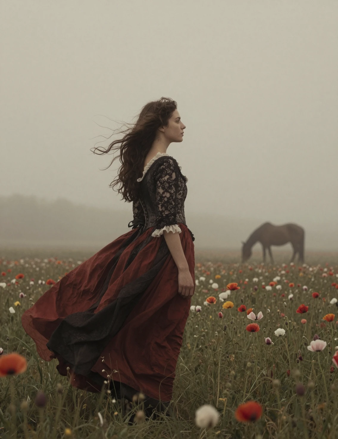 Woman in ornate dress standing alone in flower field