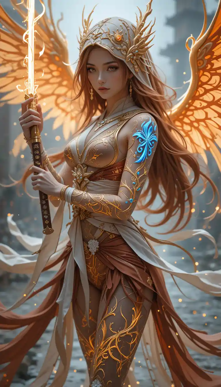 Anime warrior woman with glowing runeblade in tense battle stance