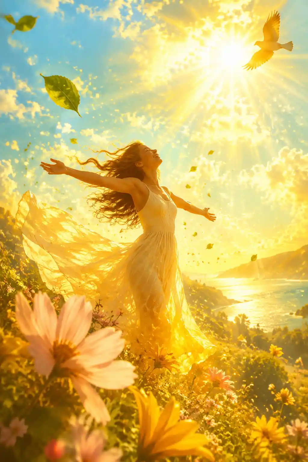 Single glowing flower bathed in gentle summer sunlight