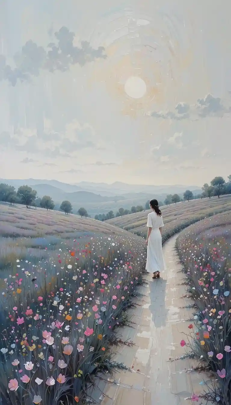 Ethereal landscape with distant joyful woman on petal path