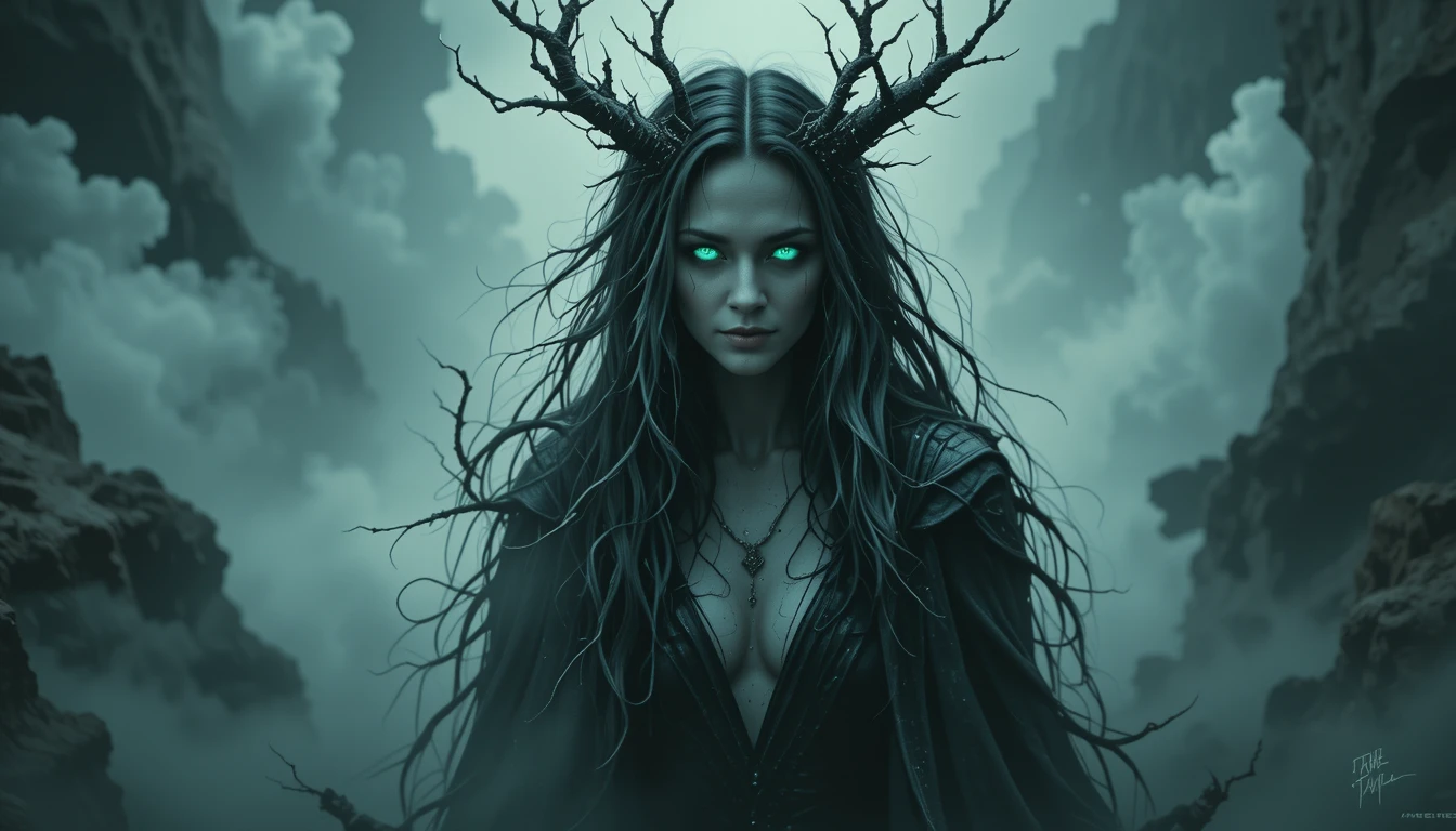 Corrupted female druid emerging from glowing green mist