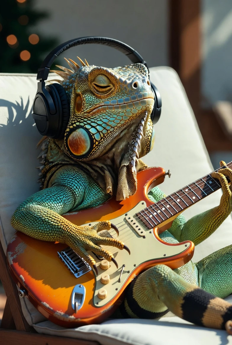 Anthropomorphic Iguana Guitarist Lounging On Sunlit Patio Chair