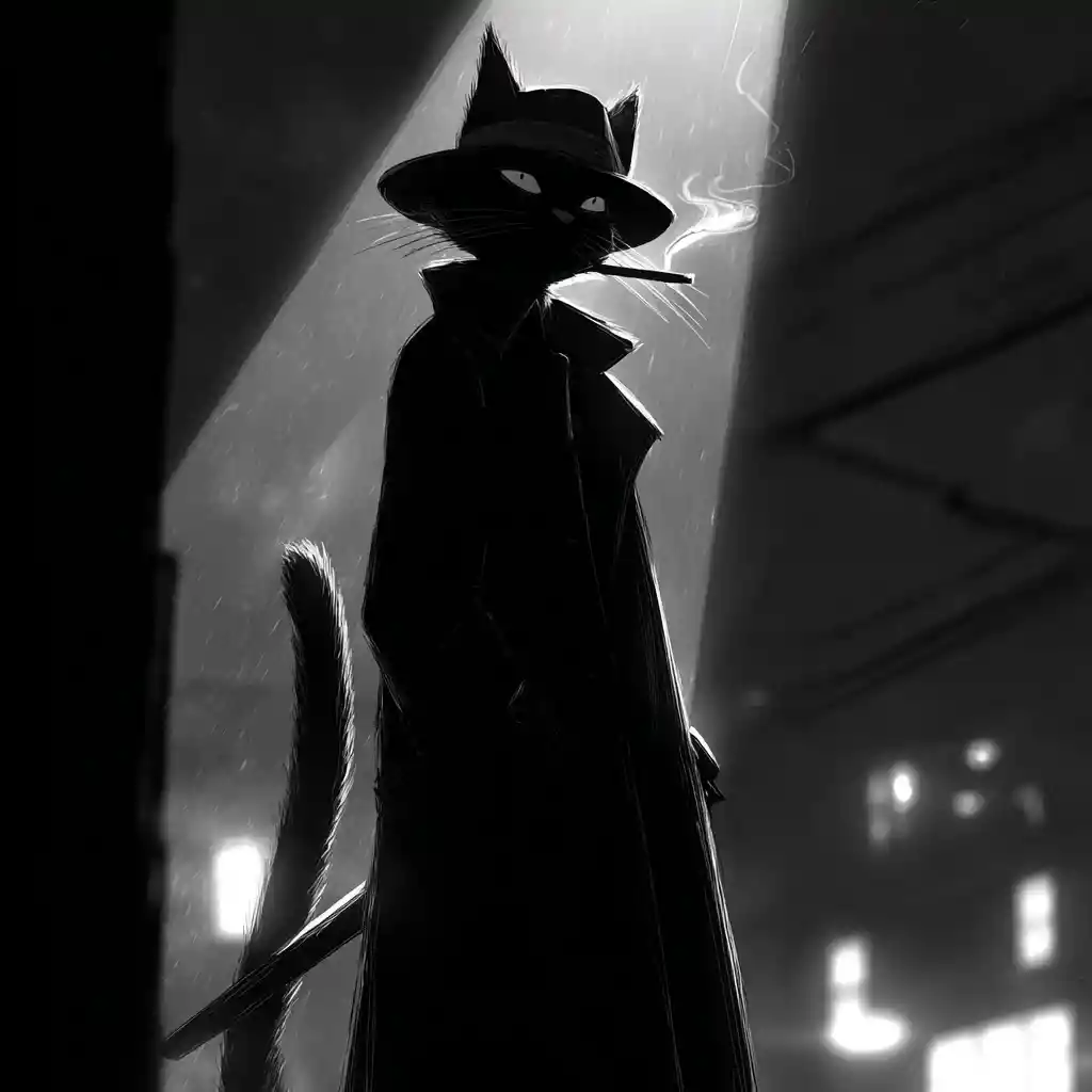 Black trench coat cat smoking under a moody streetlight