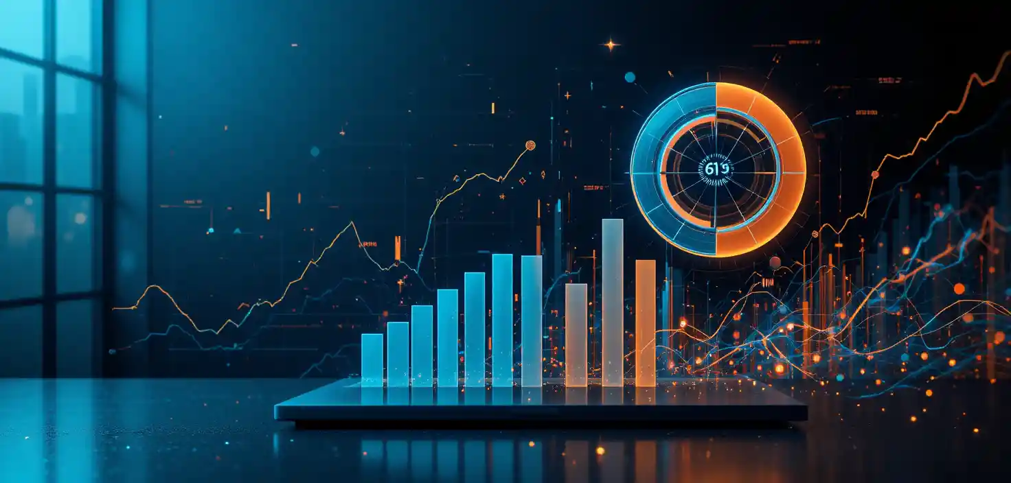 Corporate 3D financial charts banner with holographic pie graph
