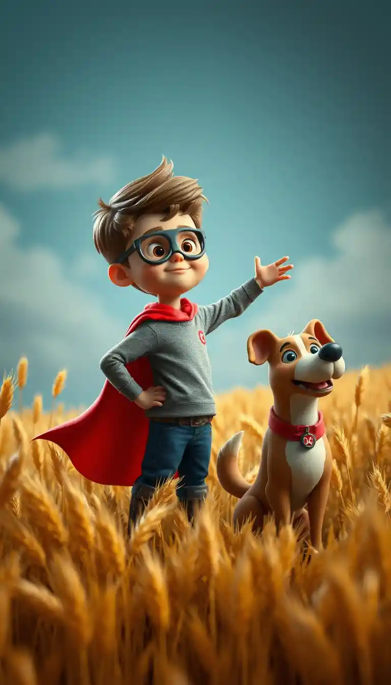 Young boy superhero with dog in a golden wheat field