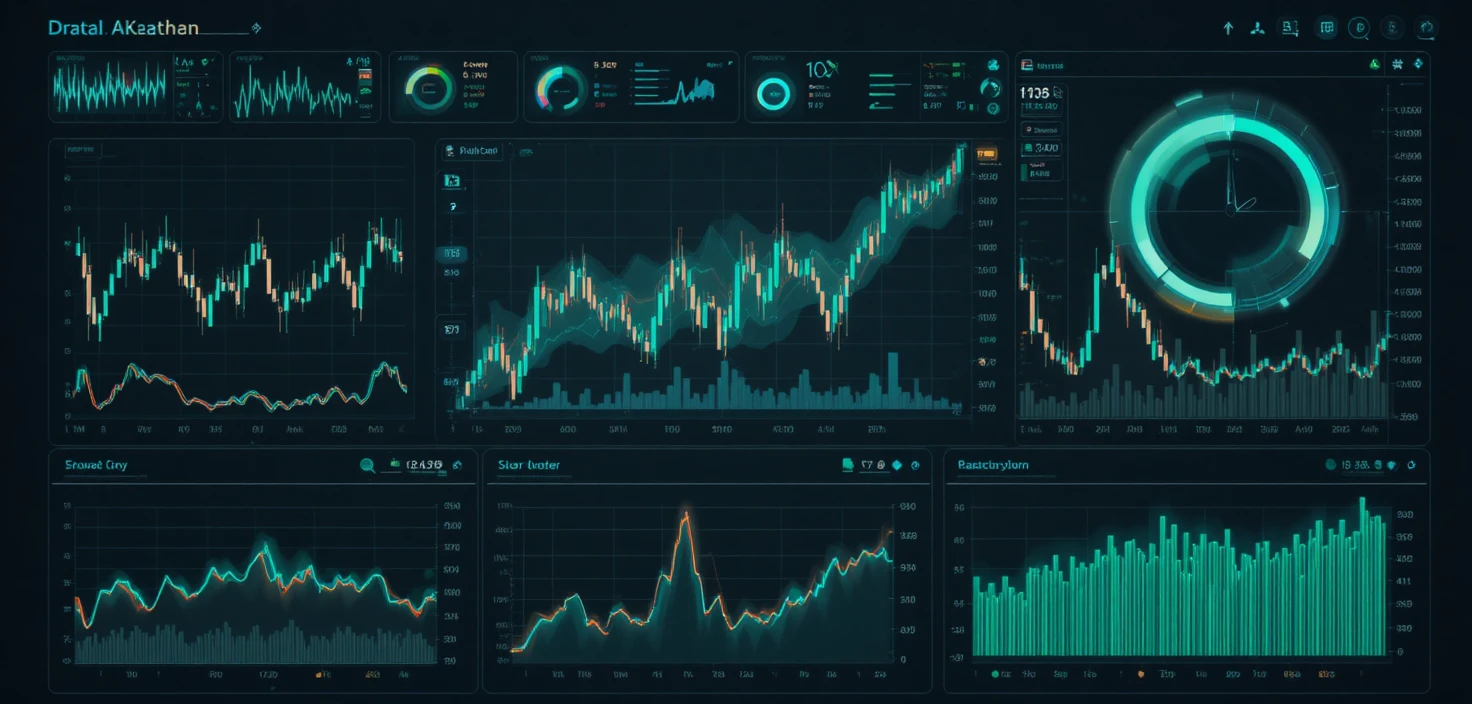 Dark data analyst dashboard with glowing stock charts