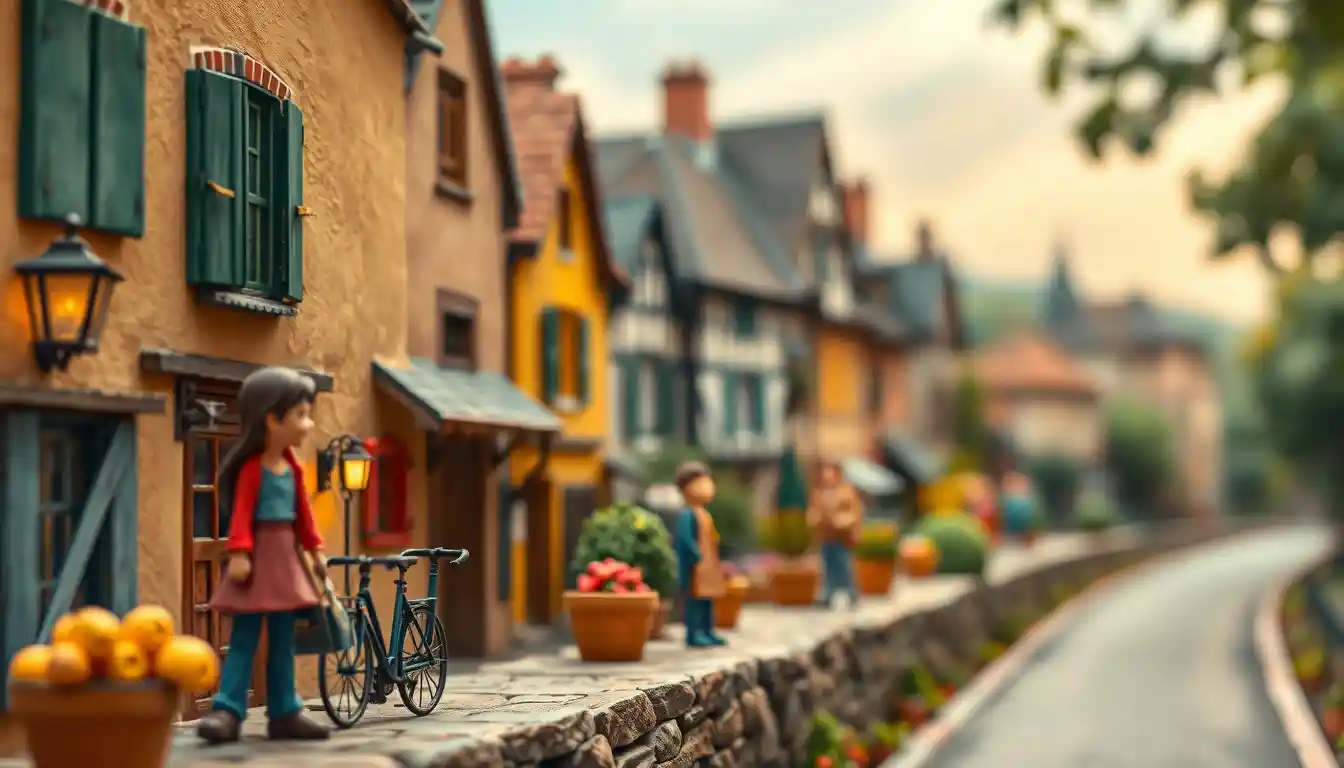 Playful clay cyclists racing through a French village street
