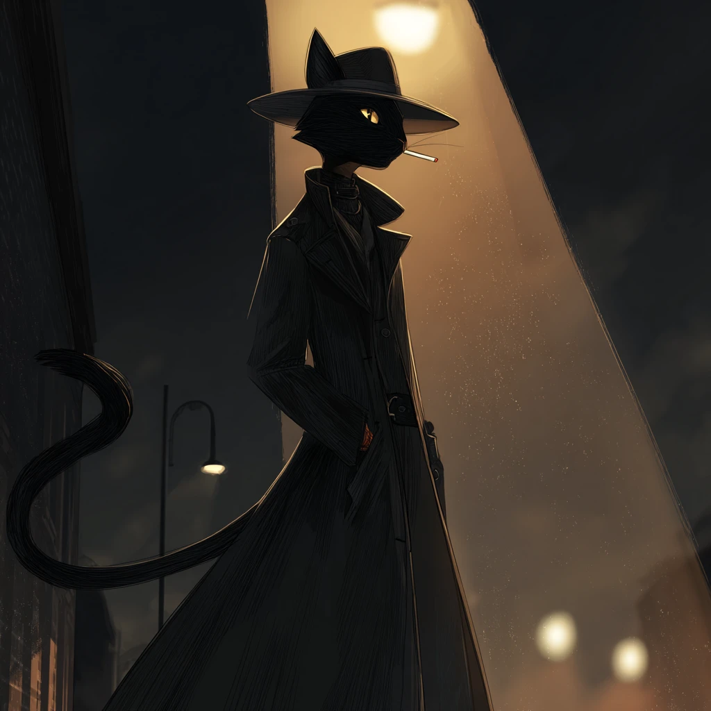 Black cat in trench coat under moody city streetlight