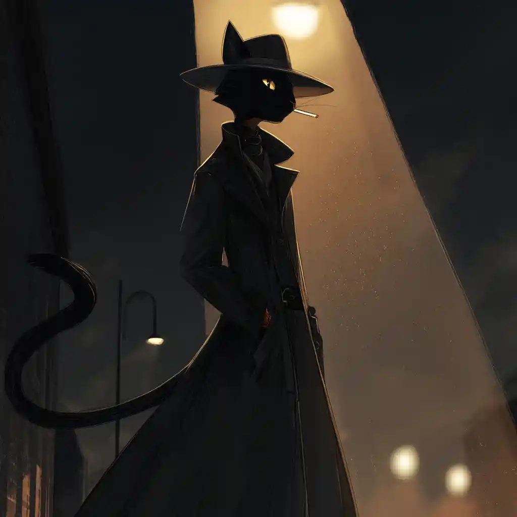 Black cat in trench coat under moody city streetlight