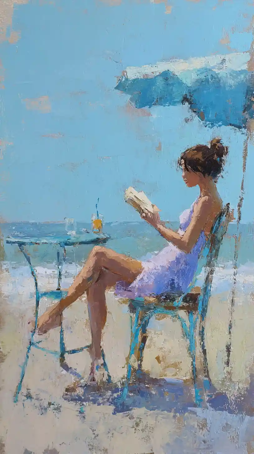 Young woman reading by the sea under a blue parasol