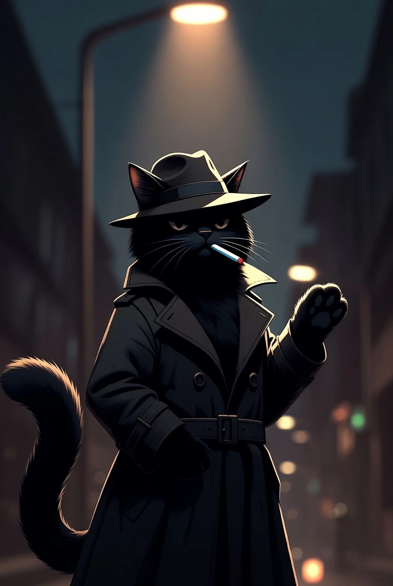 Gato detective negro bajo una solitaria farola
