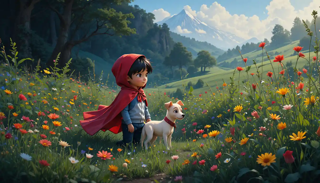 Young boy in red cape standing in a field with dog