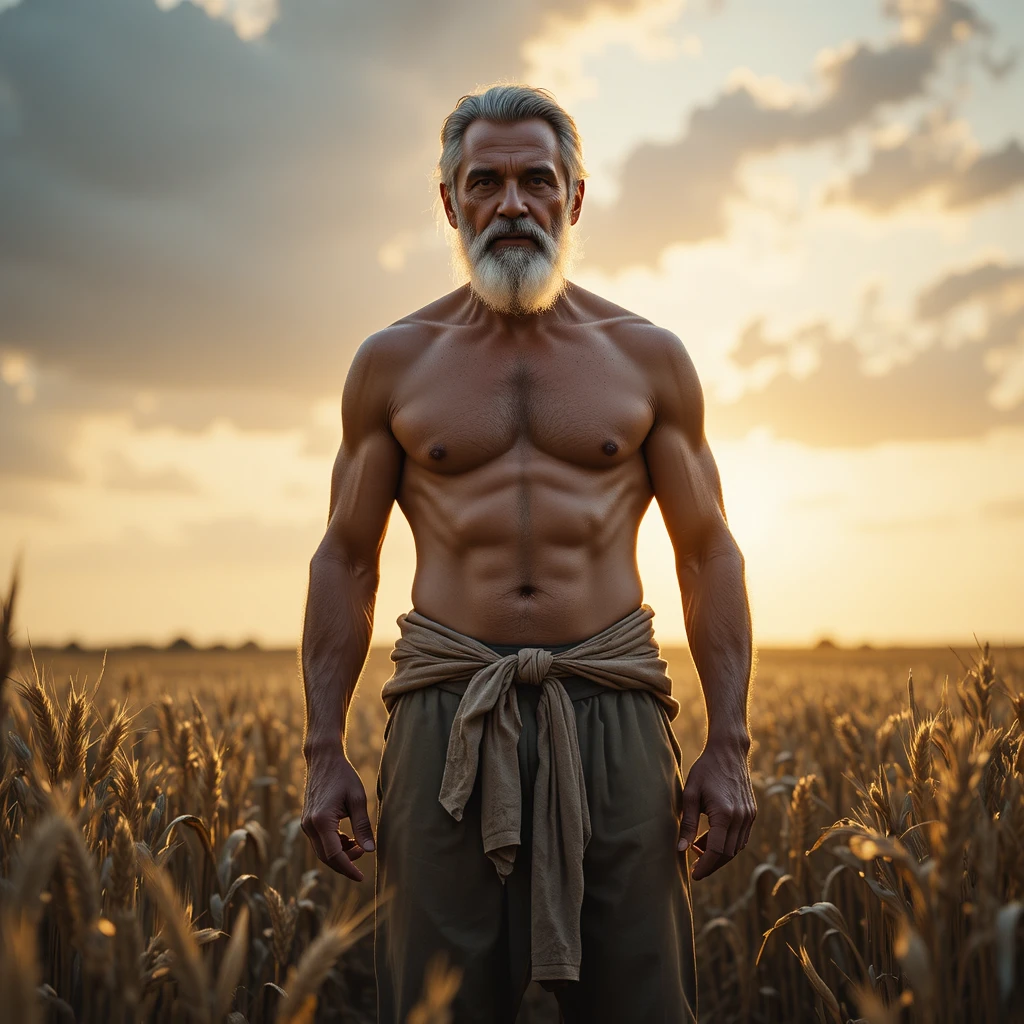 Strong old farmer standing shirtless in golden wheat field