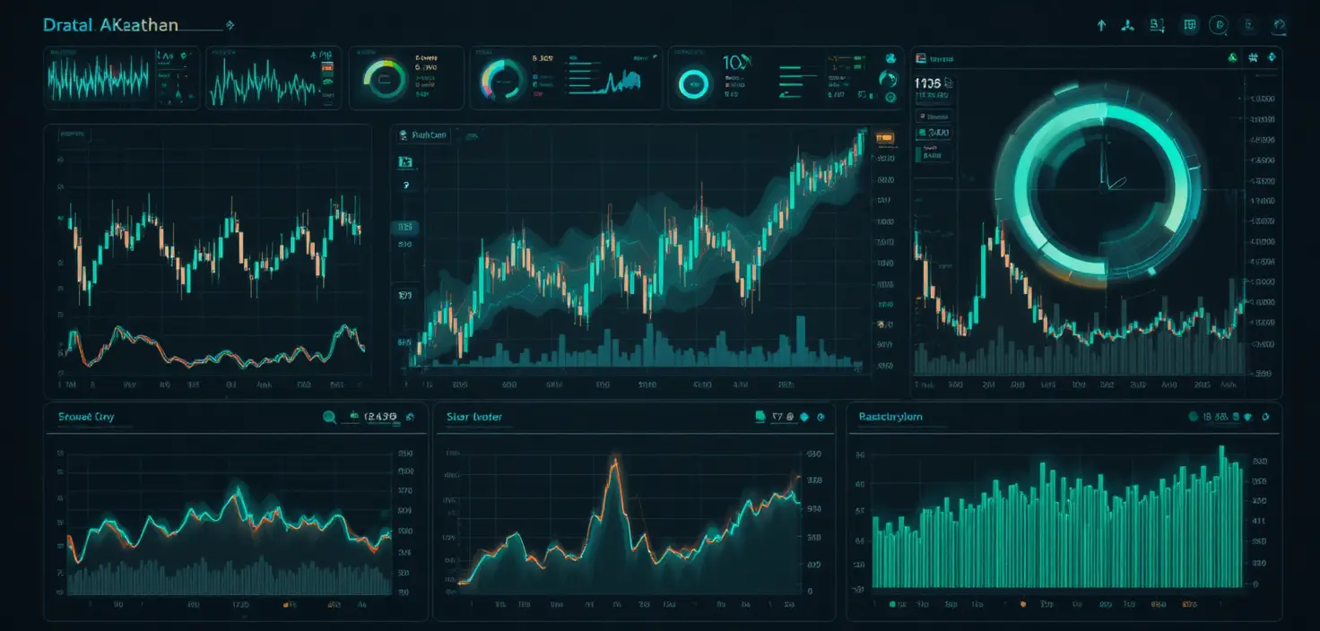 Dashboard di analisi dati scura con grafici azionari luminosi