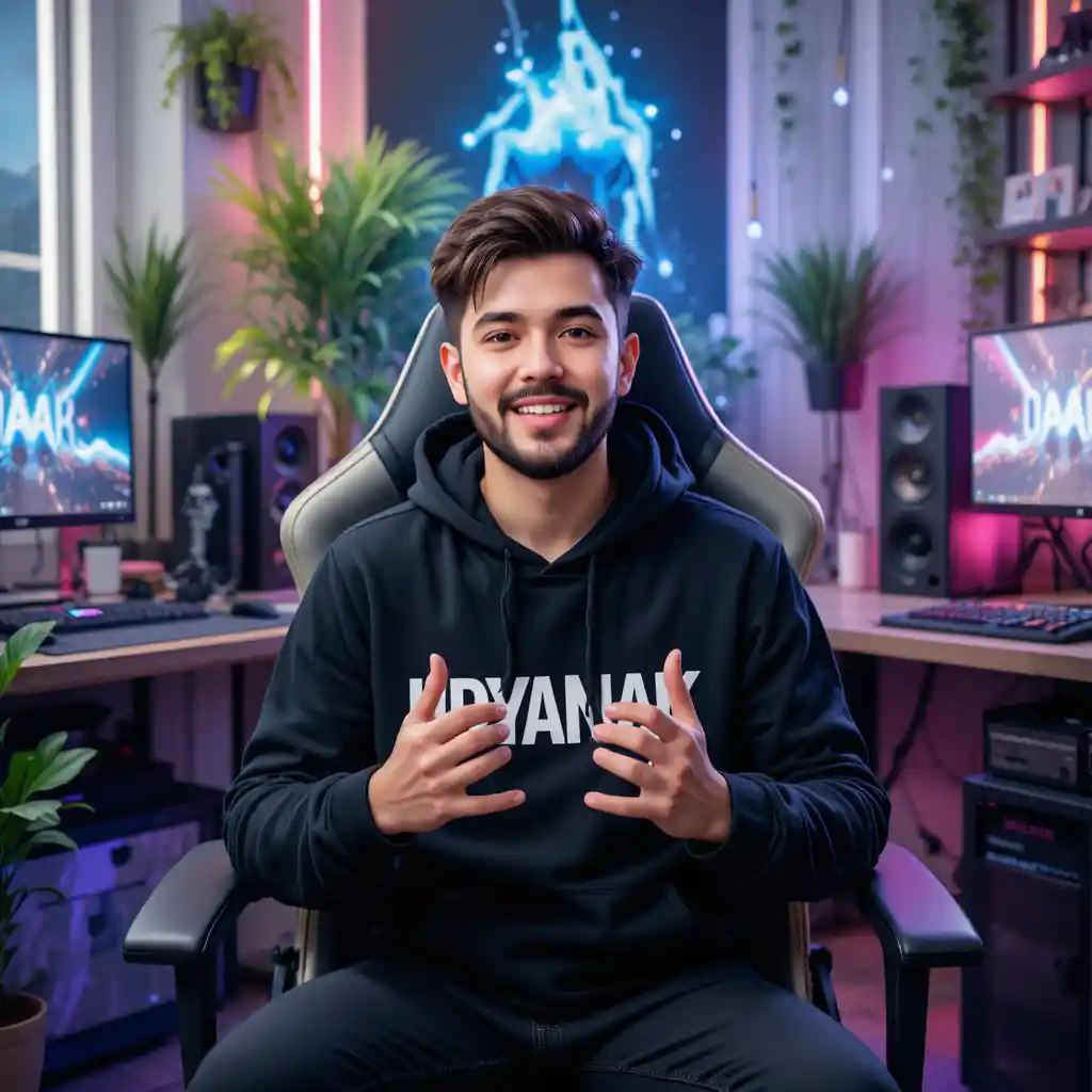 Young man streaming in neon lit gaming setup