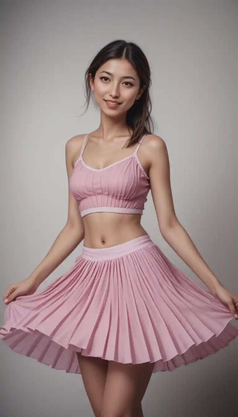 Smiling woman spinning as her pleated skirt twirls