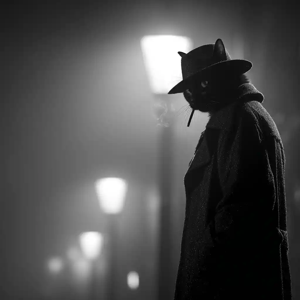 Black cat detective under a lone city streetlight