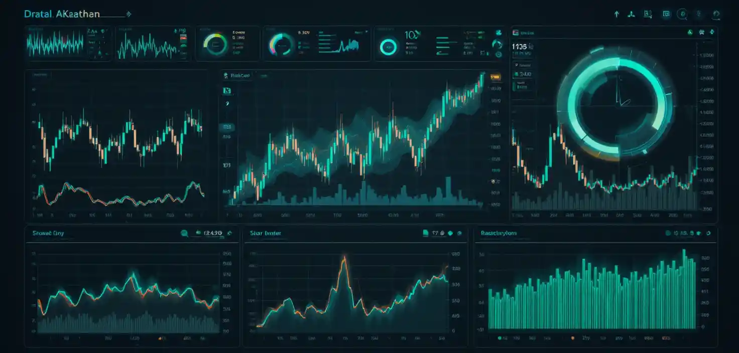 Dark data analyst dashboard with glowing stock charts