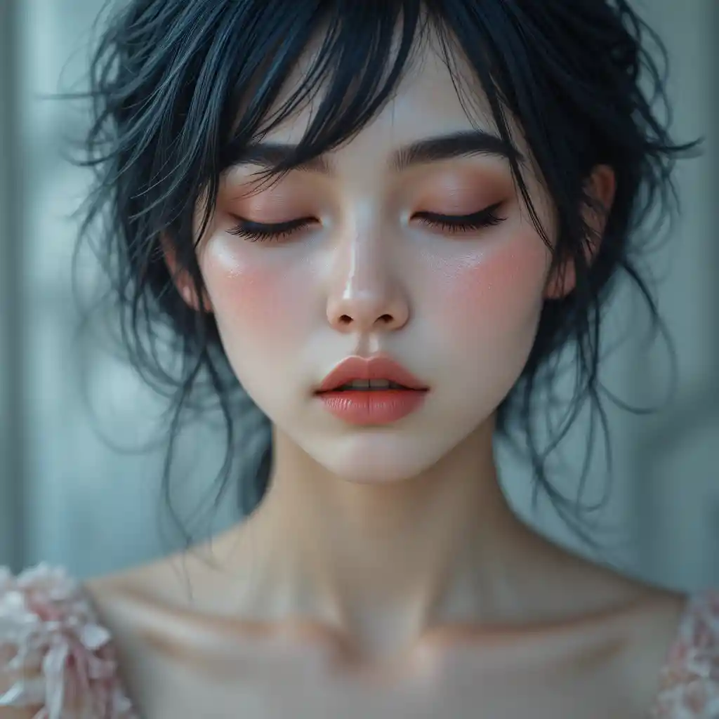 Sad short haired girl with closed eyes emotional portrait