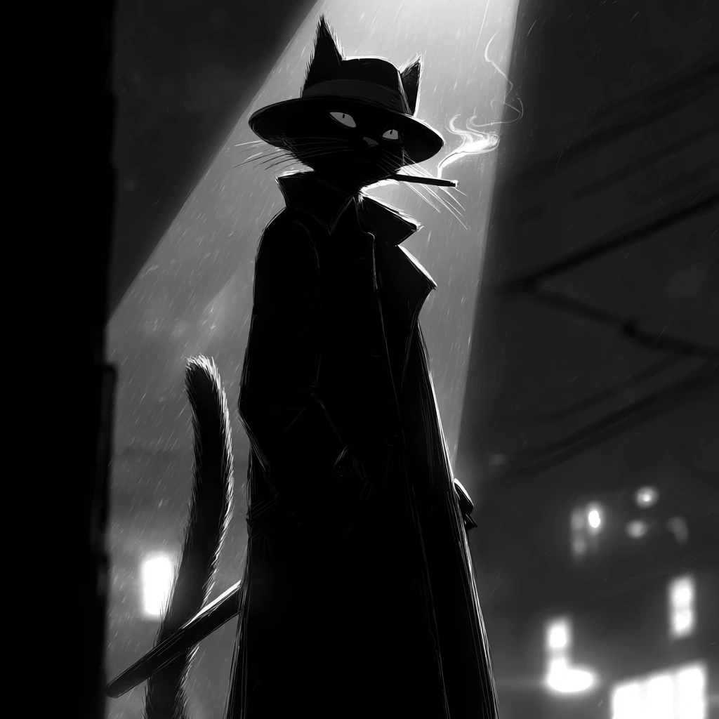 Black trench coat cat smoking under a moody streetlight