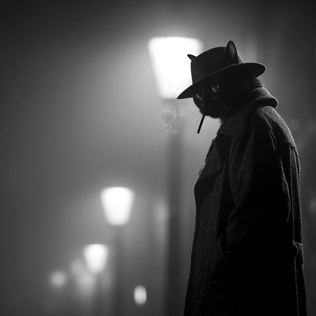 Black cat detective under a lone city streetlight