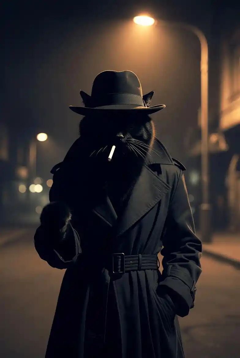 Black trench coat cat under a lonely city streetlight