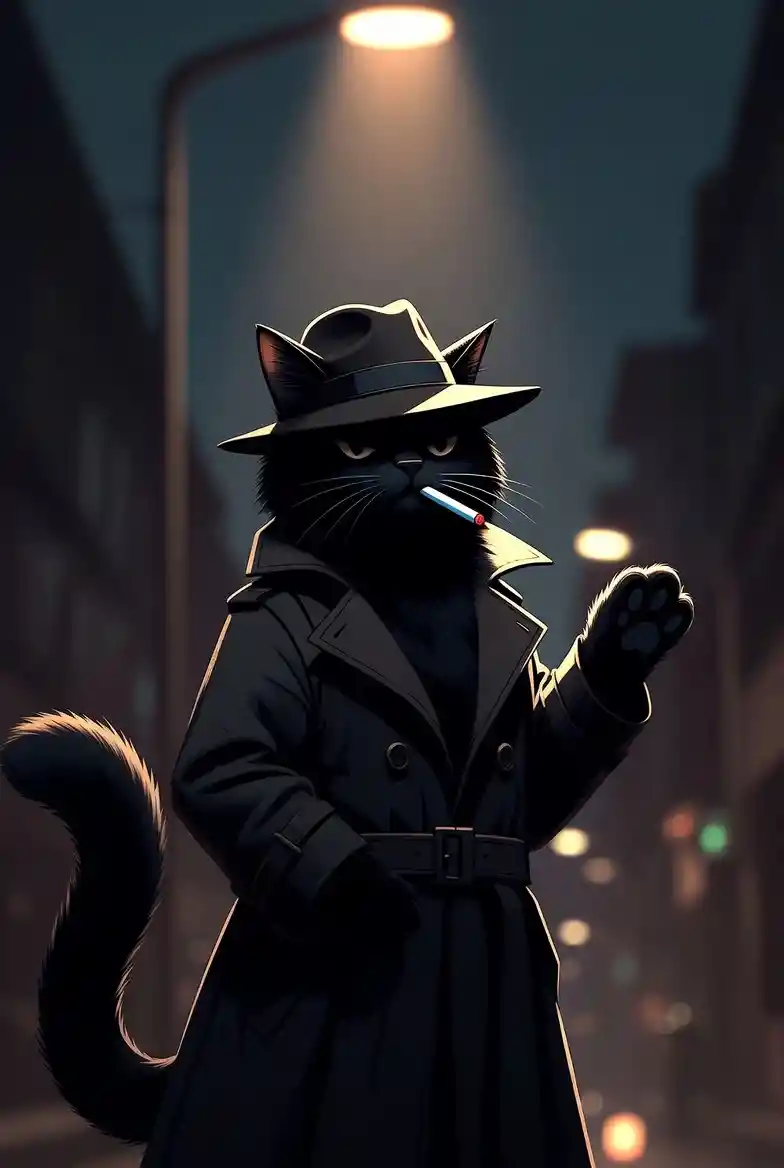 Black cat detective under a lonely city streetlight