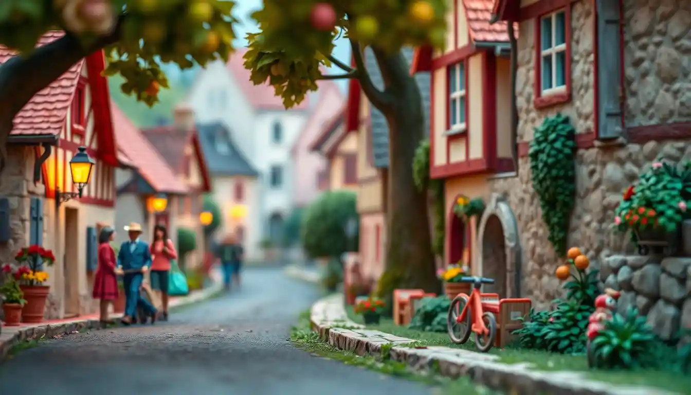 Funny clay cyclists racing through a cozy French village