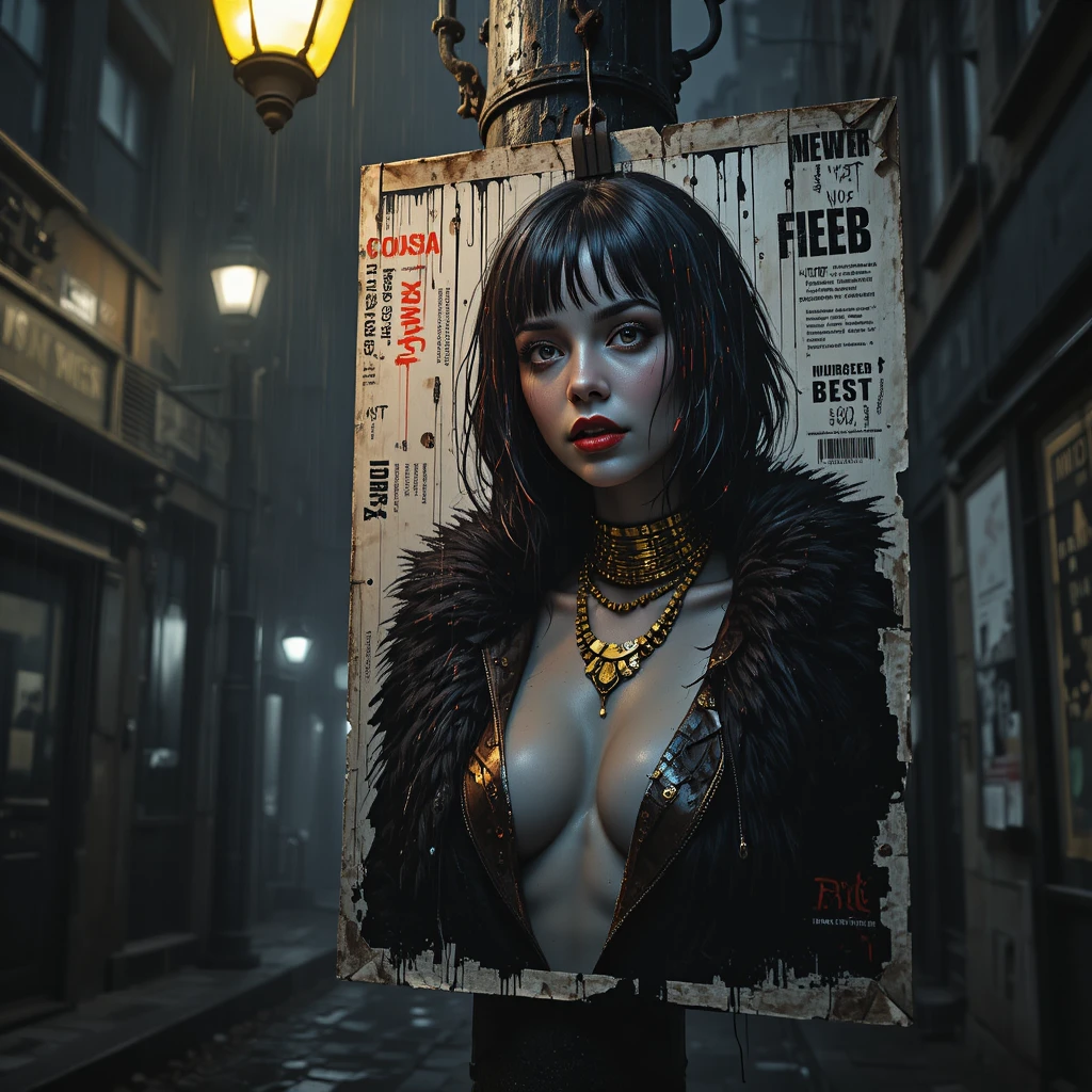 Torn noir poster of a cyberpunk woman in a foggy alley