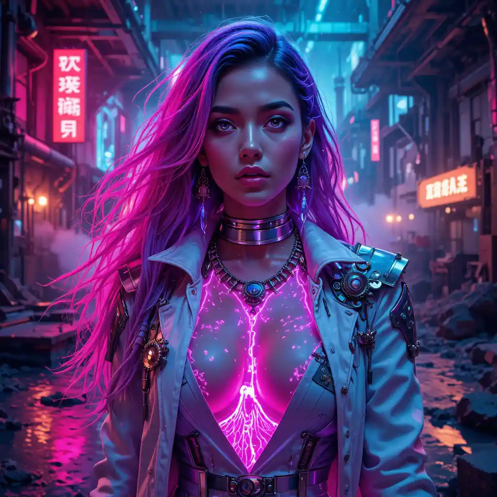 Cyberpunk outlaw queen in neon lit refinery close up