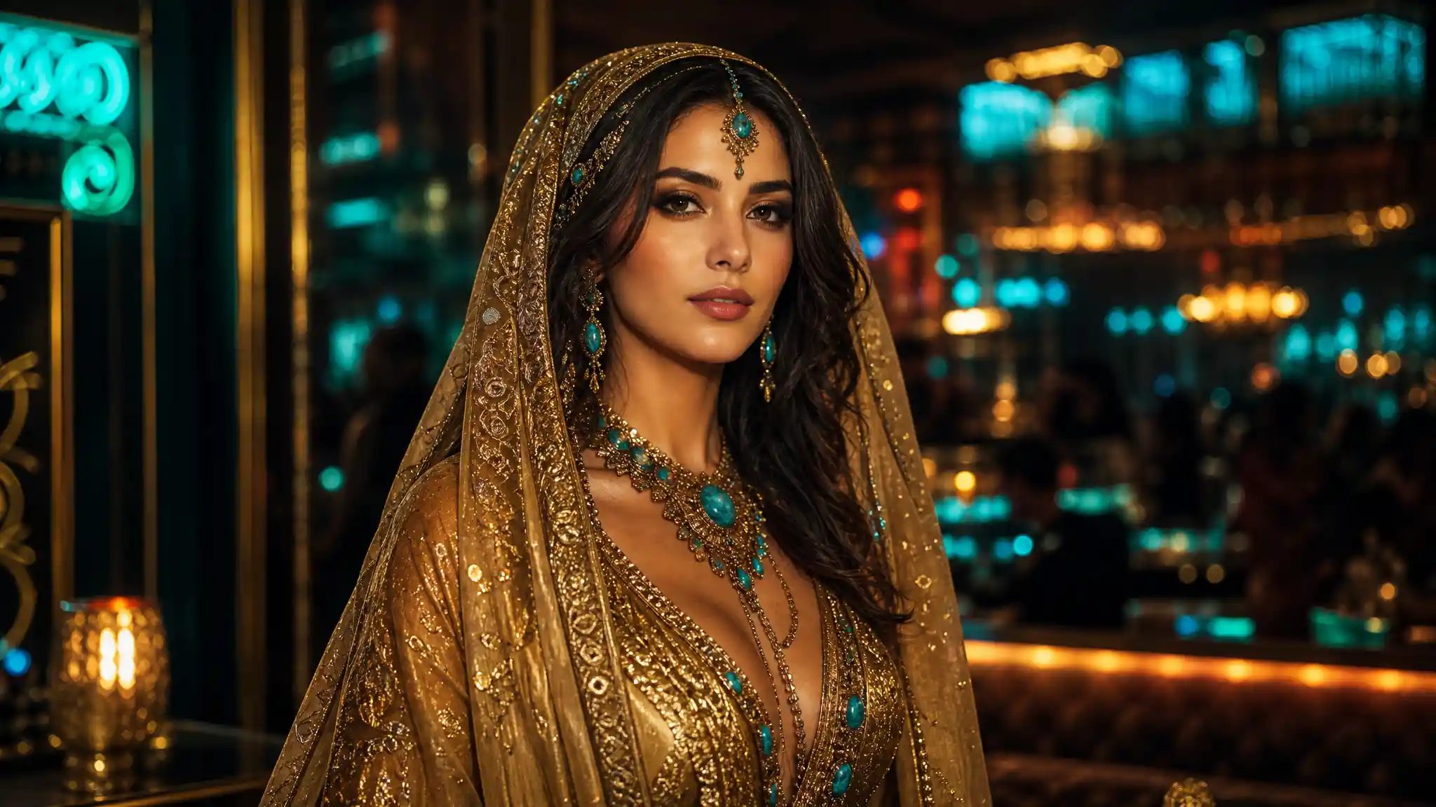 Elegant woman in gold veil in glowing nightclub portrait
