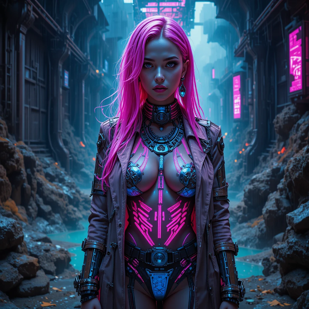 Cyberpunk rebel woman in an underground reactor oasis