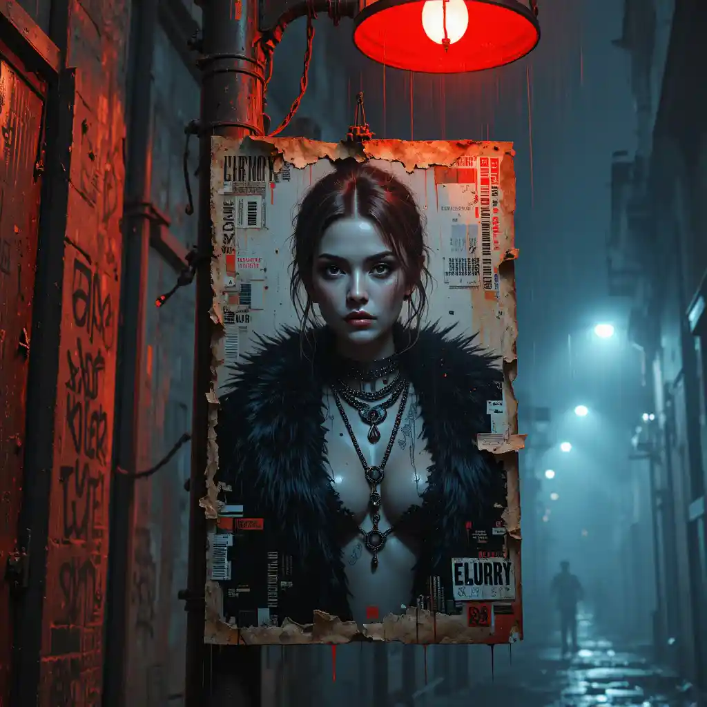 Torn poster of cyberpunk femme fatale in foggy alley