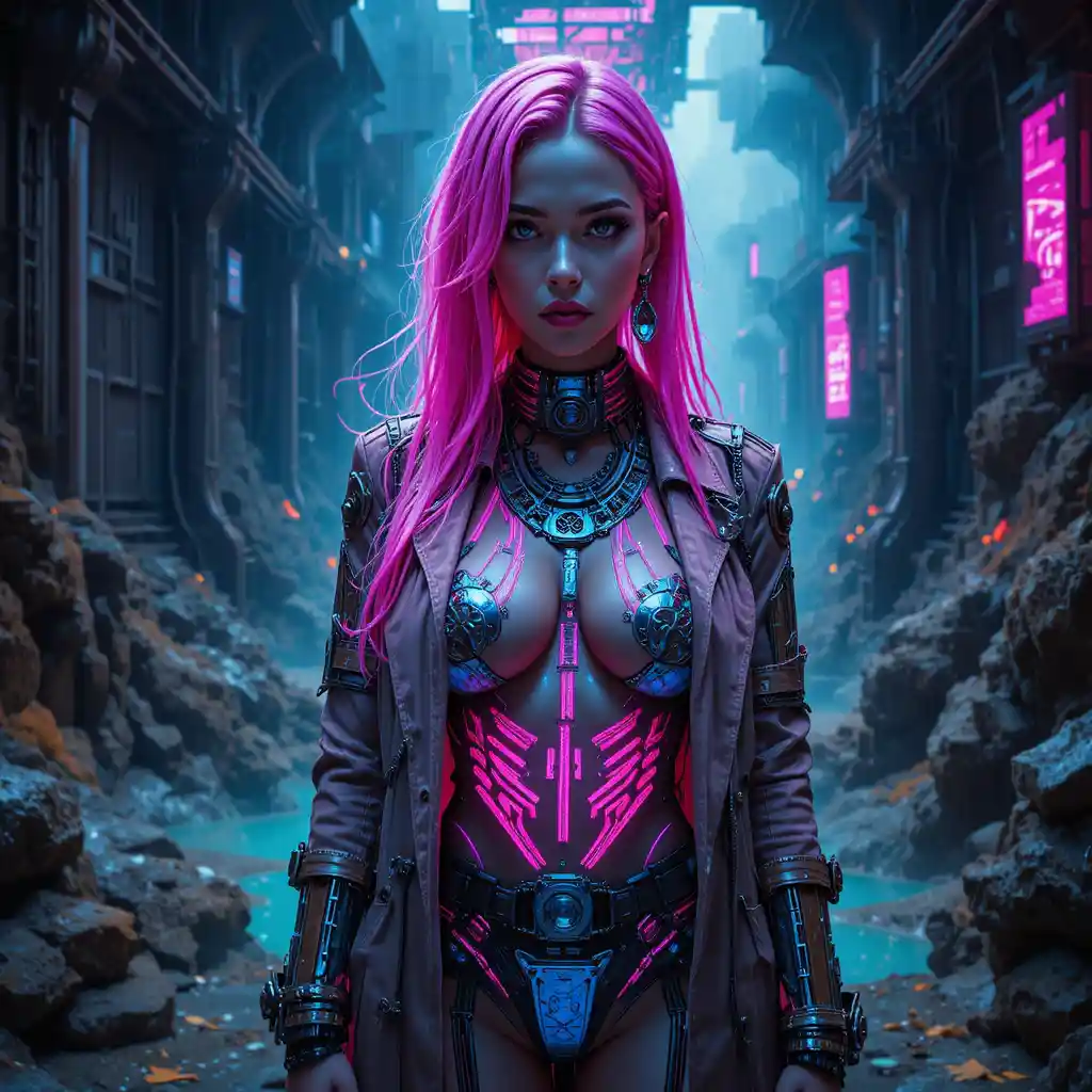 Cyberpunk rebel woman in an underground reactor oasis