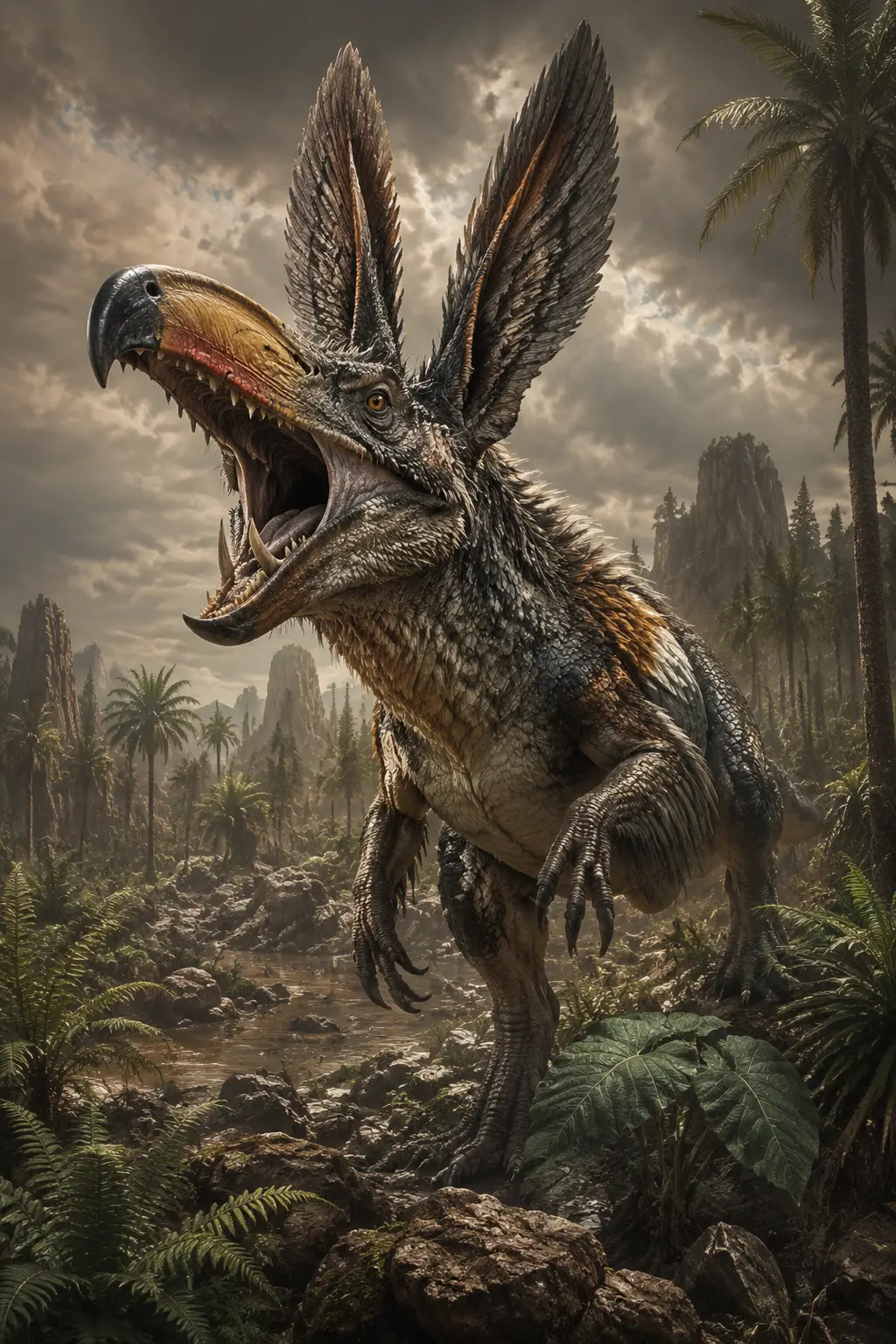 Hybrid dinosaur creature in a dramatic prehistoric landscape