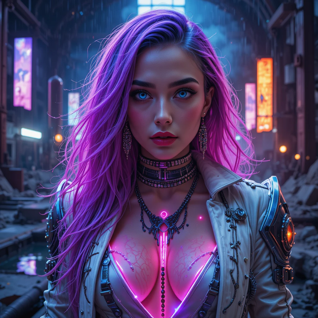 Cyberpunk outlaw queen in neon lit industrial refinery