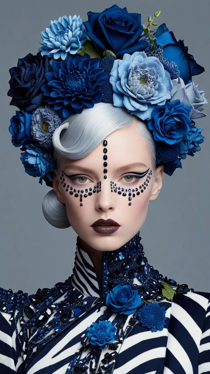 Avant garde fashion portrait with blue floral crown
