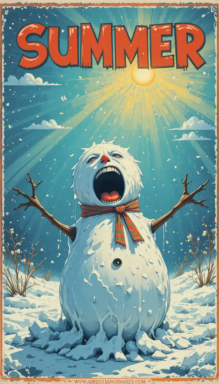 Melting snowman under bright summer sun god rays