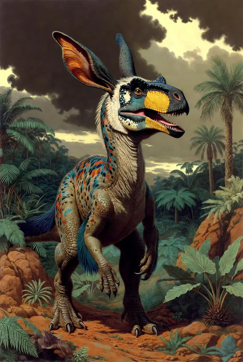 Hybrid dinosaur creature in a dramatic prehistoric landscape