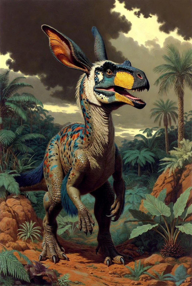 Hybrid dinosaur creature in a dramatic prehistoric landscape