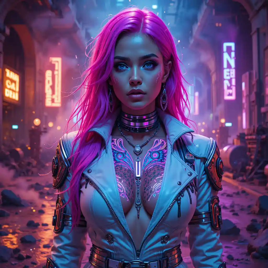 Cyberpunk outlaw queen in neon lit refinery close up
