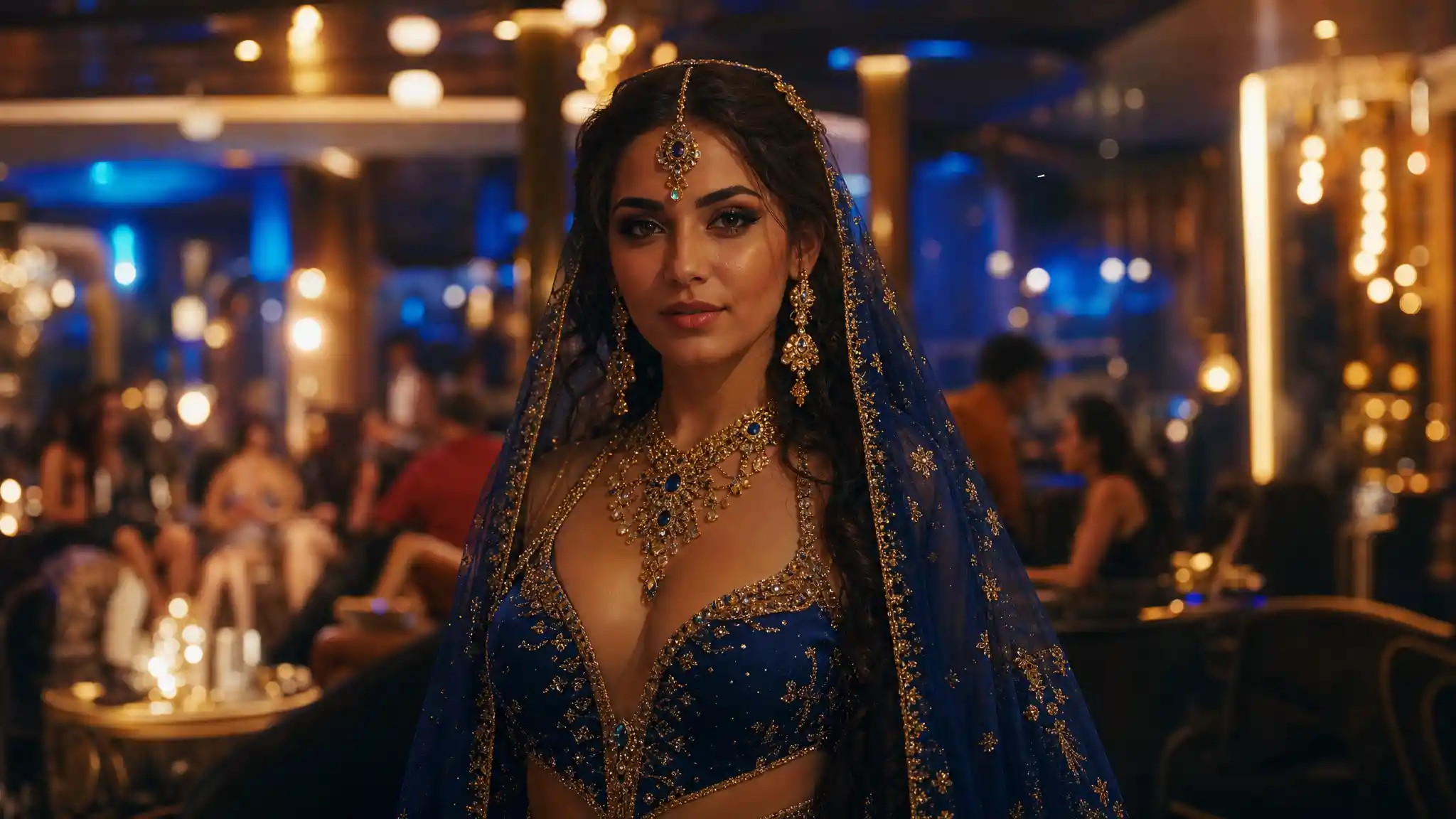 Elegant woman in sapphire veil in glowing nightclub