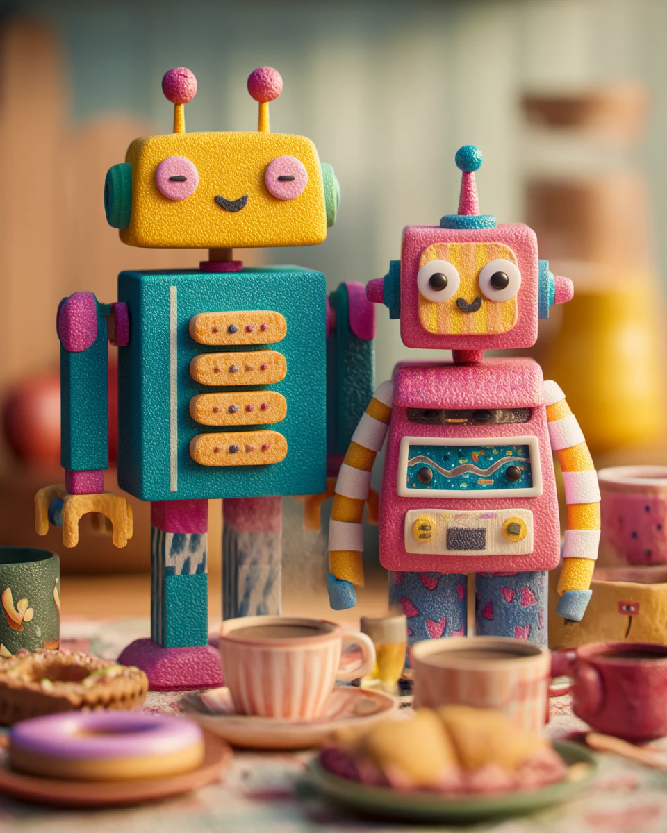 Colorful robot family sharing a playful miniature feast