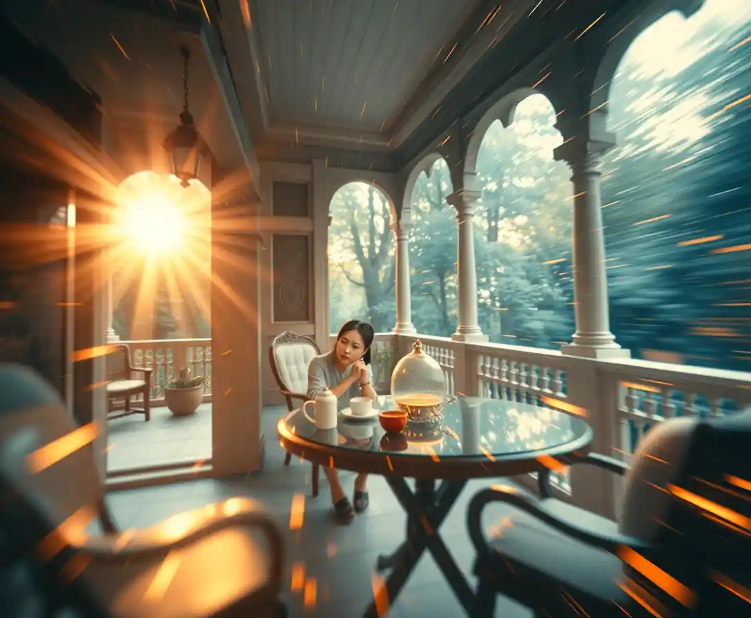 Woman having afternoon tea at a table from a high angle