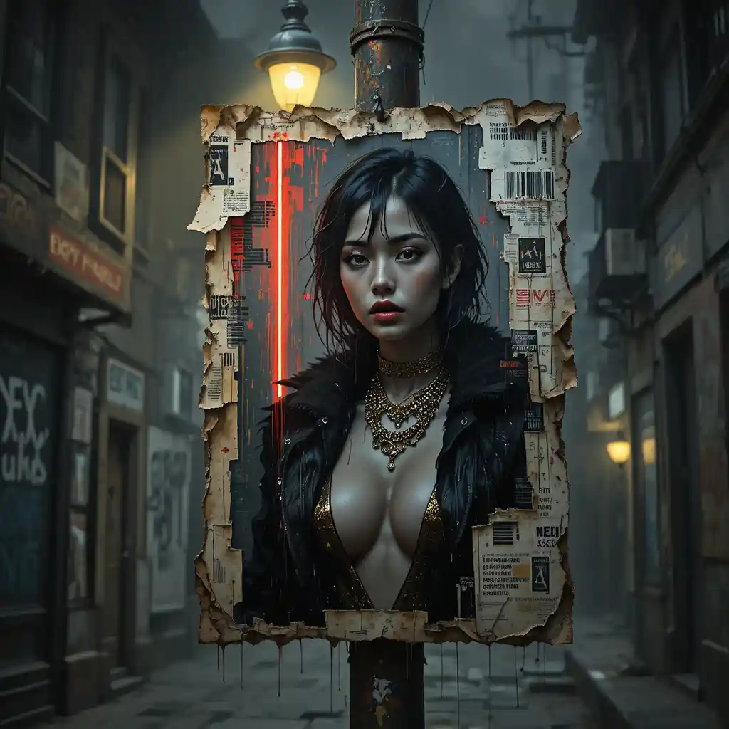 Torn noir poster of a cyberpunk woman in a foggy alley