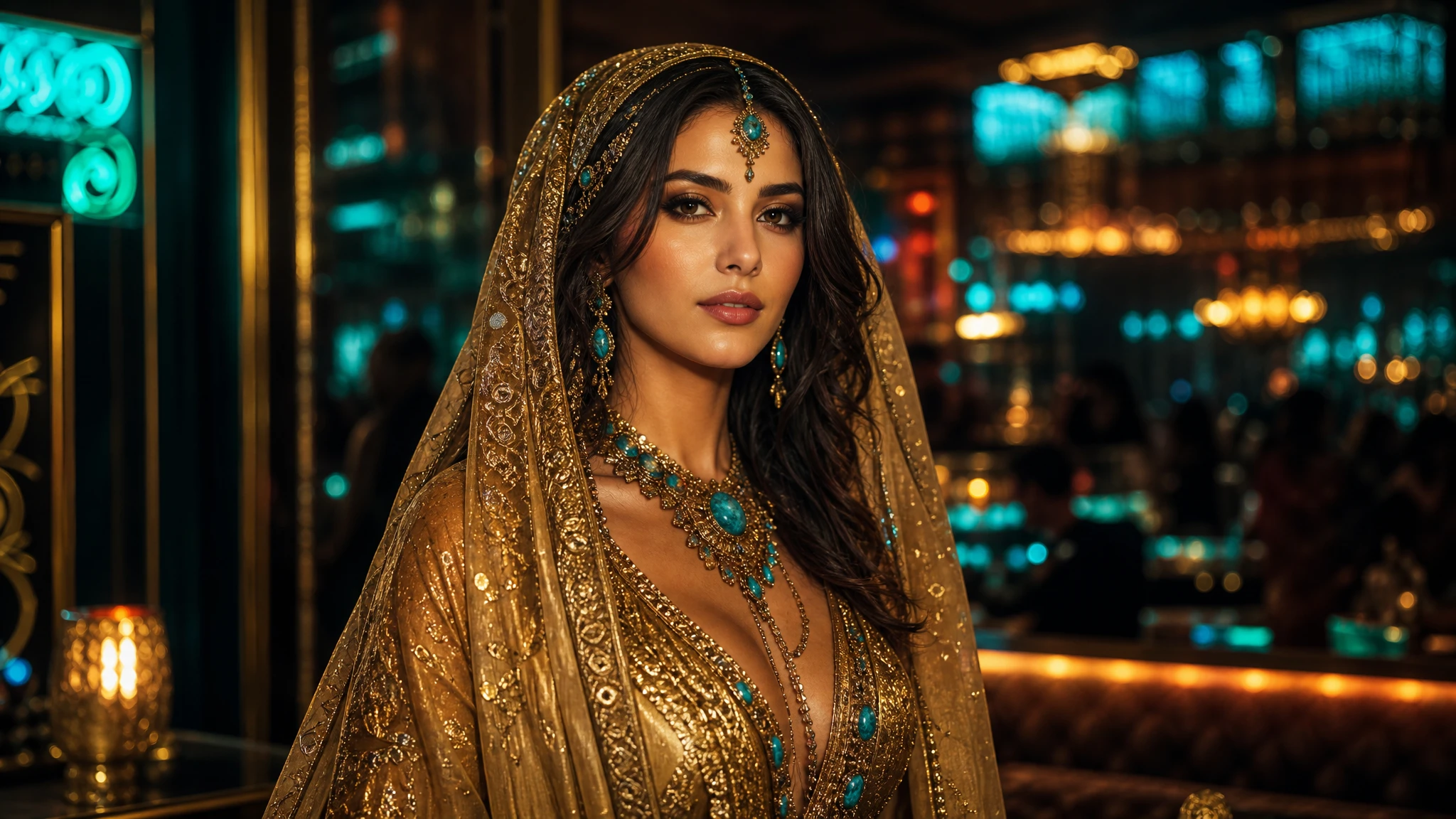 Elegant woman in gold veil in glowing nightclub portrait