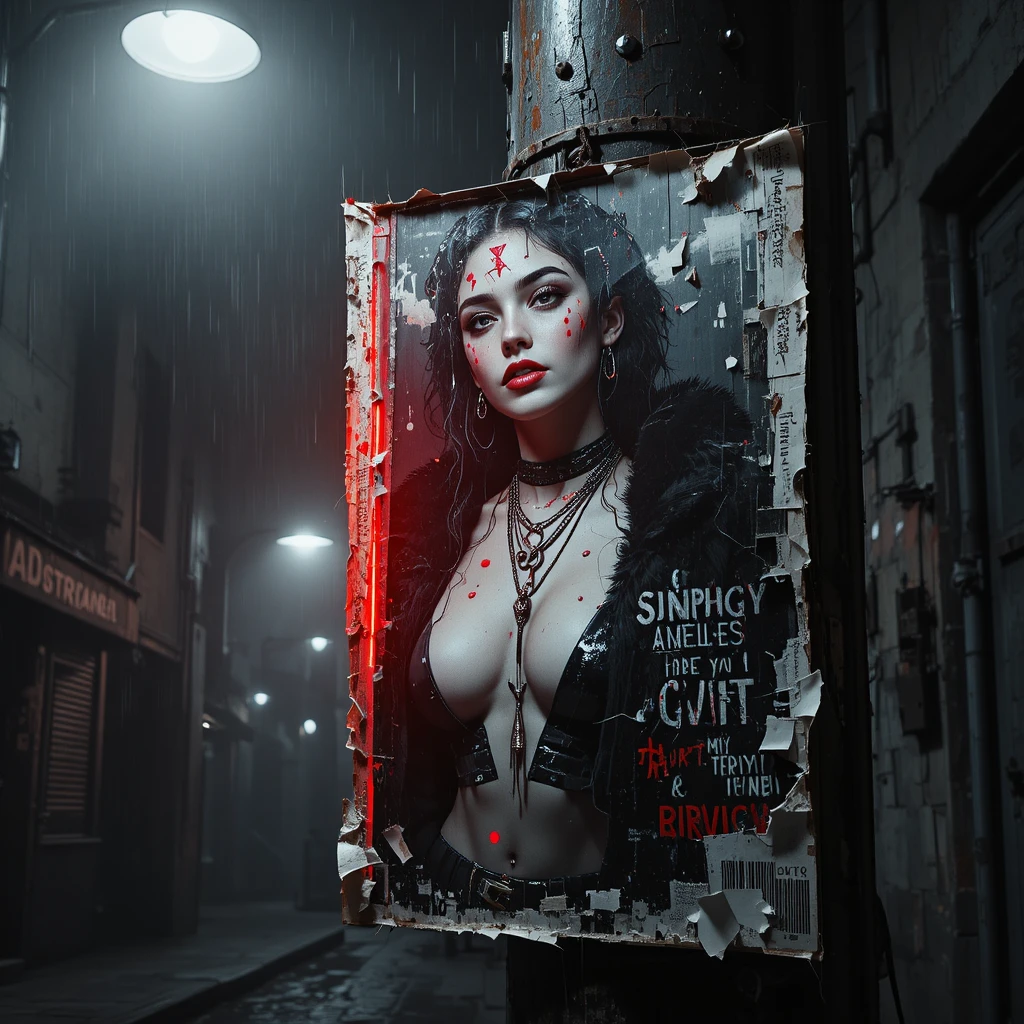 Torn noir poster of a cyberpunk woman in a foggy alley