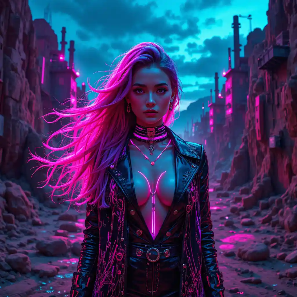 Cyberpunk woman in neon fortress beneath stormy skies