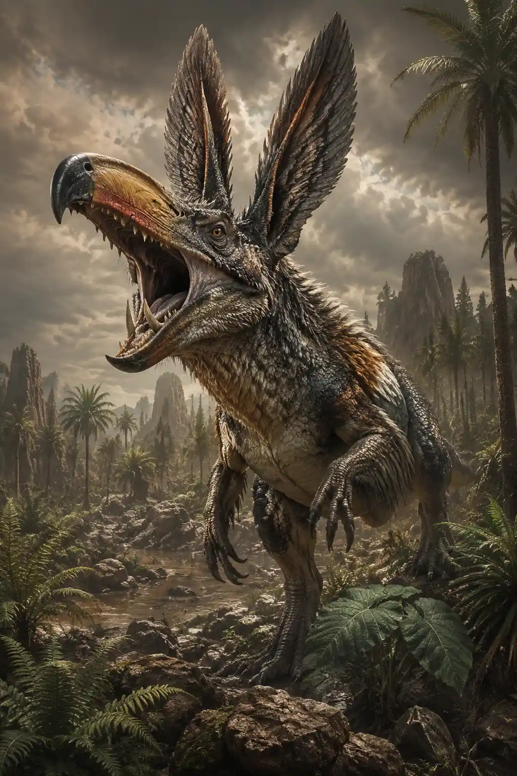 Hybrid dinosaur creature in a dramatic prehistoric landscape