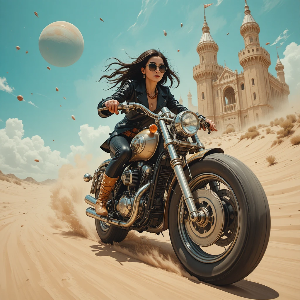 Stylish older woman racing a motorcycle through desert sand